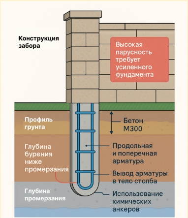 Критические узлы фундамента под забор из блоков GARD